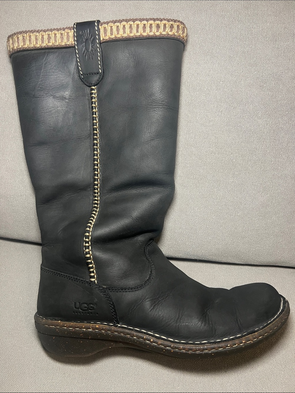 UGG Swell Tall Black Leather Mid-Calf Boot w/ Tan Trim Stitching - Women size 9